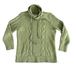 L.L. Bean Signature Funnelneck Sweater Women's Fisherman Green Cable Knit Large